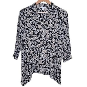 J. Jill Floral Button Down Tunic Blouse Black/Brown Size XS